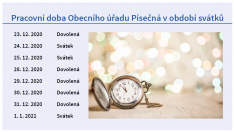 Pracovní doba Obecního úřadu Písečná v období svátků